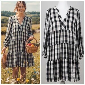 Maeve Black Ivory Plaid Tiered Long Sleeve Dress Farmhouse Cottage Trad Sz Small